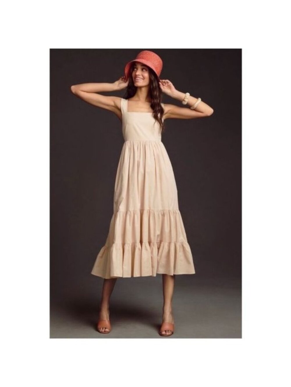 By Anthropologie Square-Neck Tiered Cotton Lined Midi Dress small